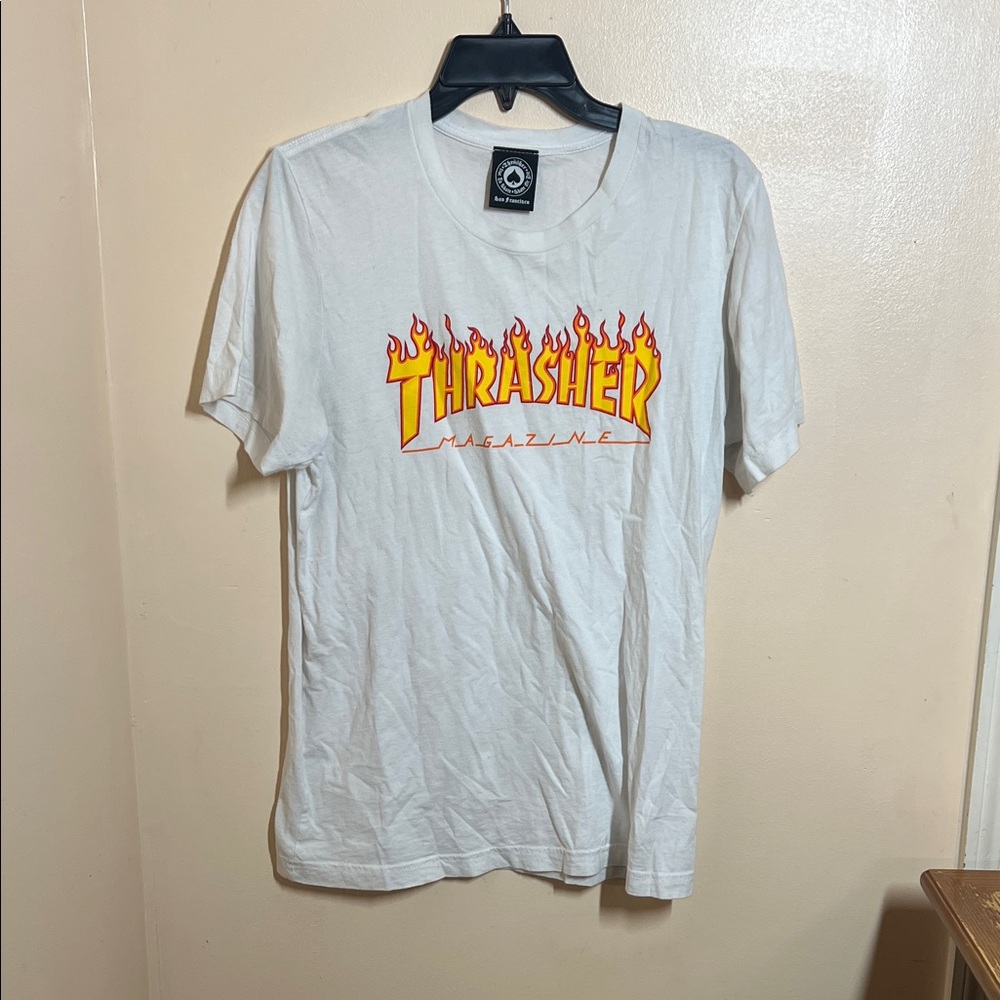 Thrasher White Tee with Yellow & Red Flame Logo